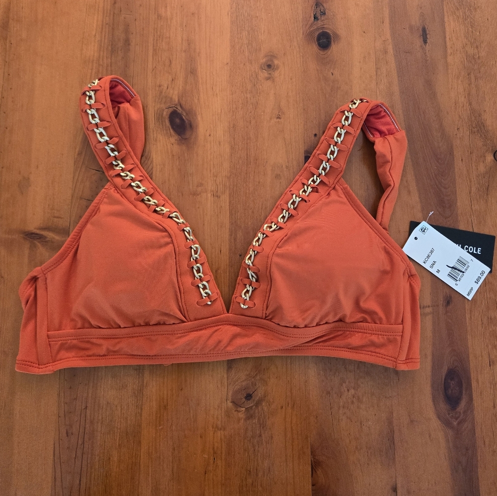 NWT Kenneth Cole V-Neck Plunge Gold Chainlink Bikini Top Orange Size Medium